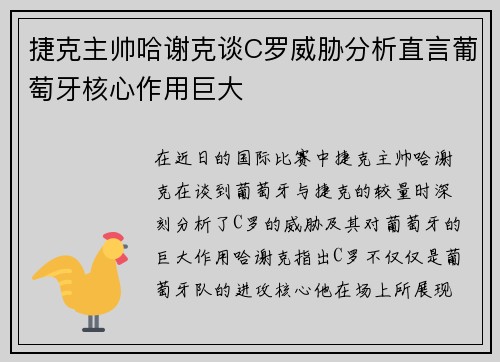 捷克主帅哈谢克谈C罗威胁分析直言葡萄牙核心作用巨大 捷克主帅哈谢克谈C罗威胁分析直言葡萄牙核心作用巨大