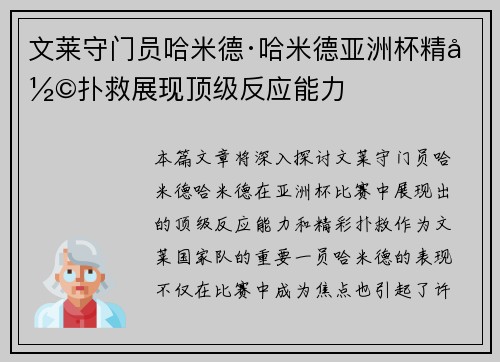 文莱守门员哈米德·哈米德亚洲杯精彩扑救展现顶级反应能力