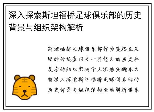 深入探索斯坦福桥足球俱乐部的历史背景与组织架构解析 深入探索斯坦福桥足球俱乐部的历史背景与组织架构解析